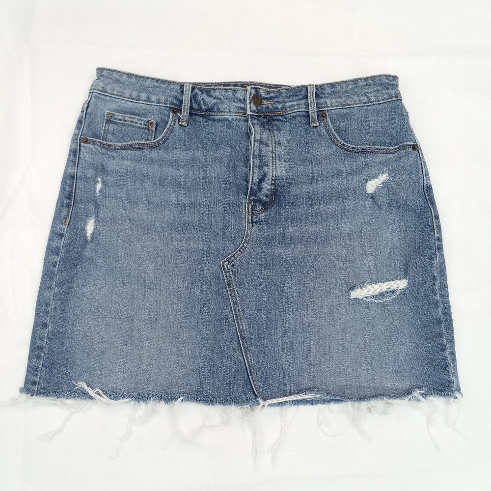 Sz 12 OLD NAVY Denim Blue Jean Mini Skirt Raw Hem Medium Wash Frayed Button Fly